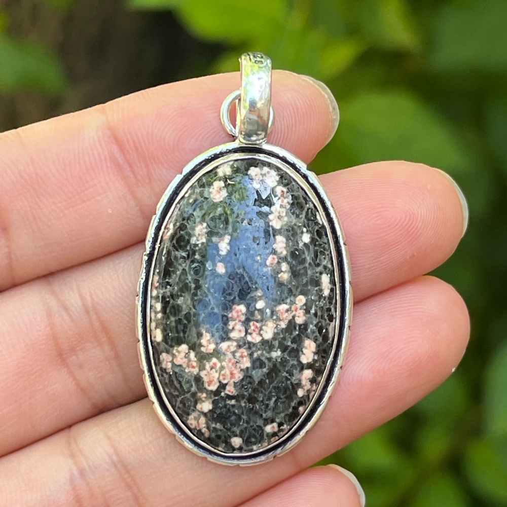 925‎ silver plated cherry blossom jasper pendant